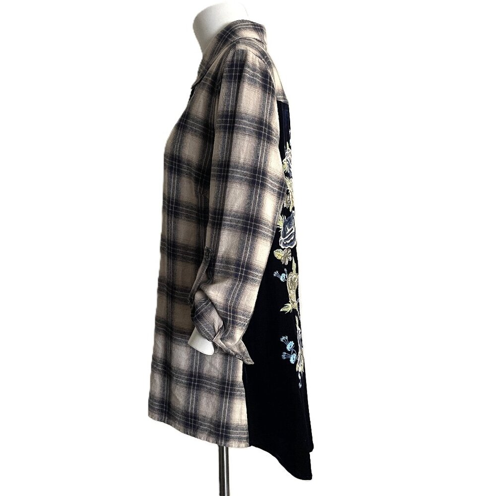 Paparazzi Top Large Boho Floral Embroidered Button Up Velvet Velour Plaid Shirt - Picture 5 of 16